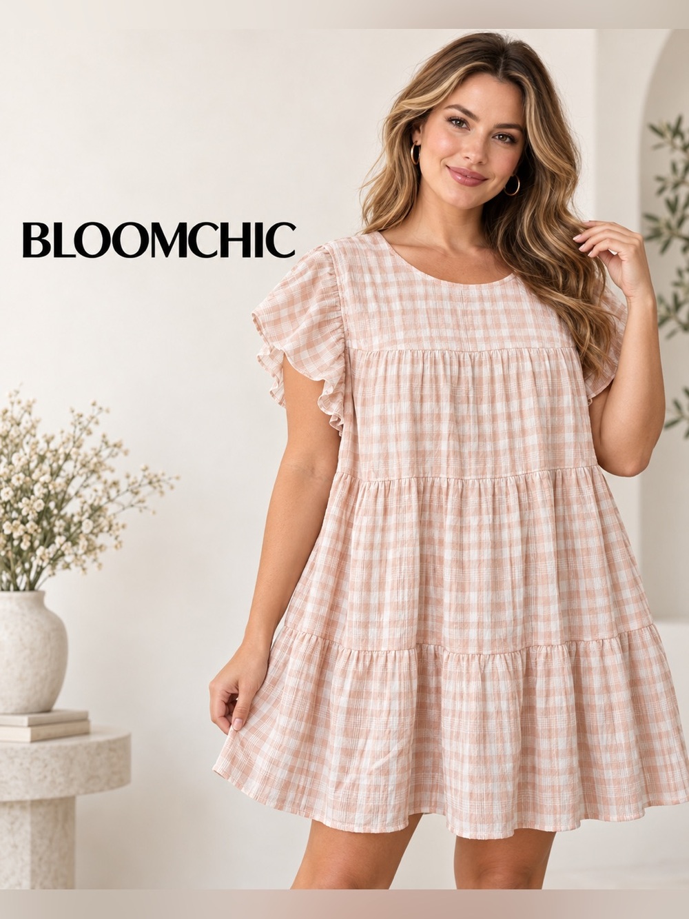 BloomChic Pink Gingham Tiered Ruffle Sleeve Mini Dress Size 14-16